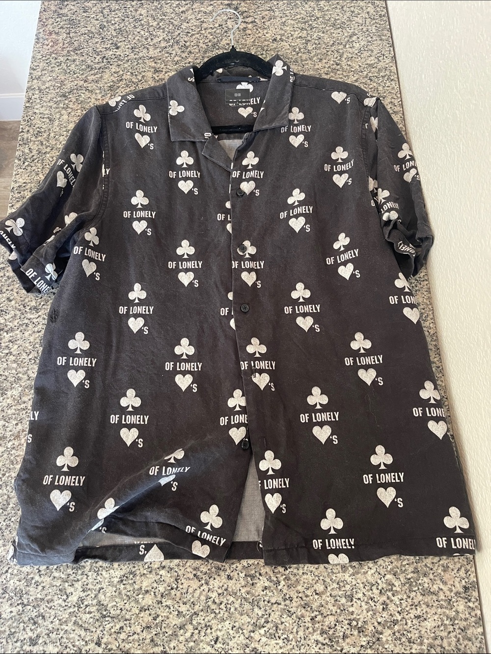 Black Short-Sleeve Button-Up Shirt with White Club & Heart Print
